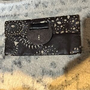 R&Y Augousti Brown leather laser cut rectangular Clutch